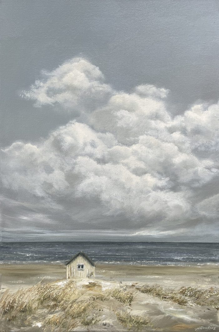 large cloud formation over ocean with small beach hut coastal painting