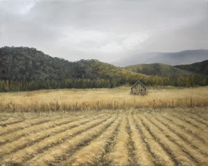 ploughed field with distant hills and small shed under soft grey sky rural landscape painting
