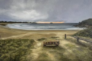 coastal beach painting with love sign and moody ocean sky