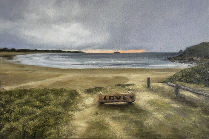 coastal beach painting with love sign and moody ocean sky