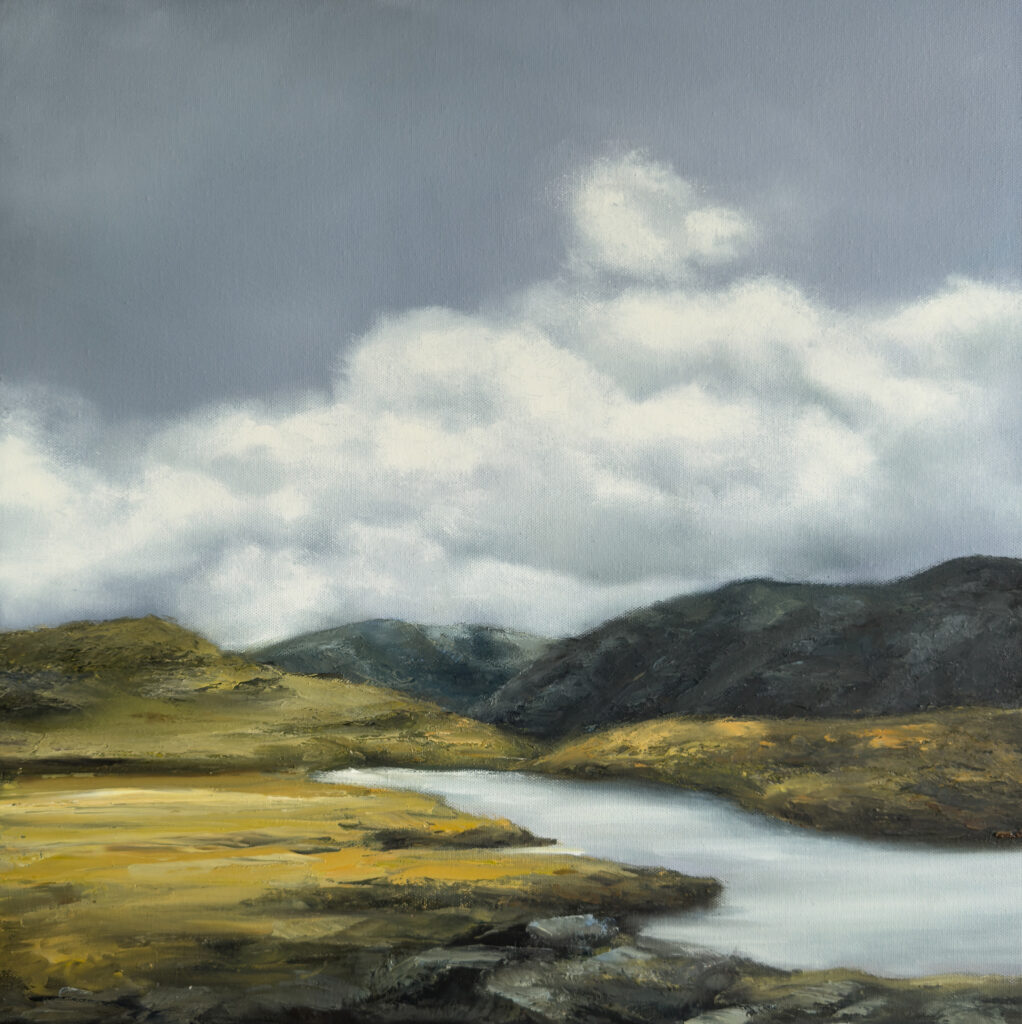 River landscape painting with still water, rolling hills and a moody sky