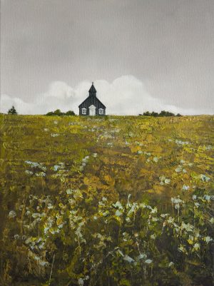 Australian landscape painting with small church and wildflower field