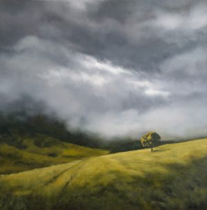 Atmospheric landscape painting with rolling hills and light breaking through clouds