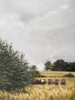 Cows standing in a grassy paddock beside trees under a soft grey sky, rural landscape fine art print