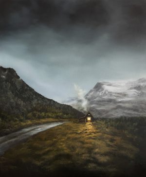 Archival landscape print featuring a glowing cabin beneath dark skies beside distant mountains in an atmospheric wilderness scene by Annie Hawkins.