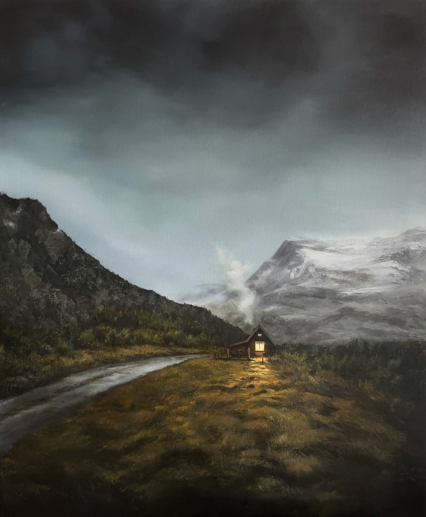 Archival landscape print featuring a glowing cabin beneath dark skies beside distant mountains in an atmospheric wilderness scene by Annie Hawkins.