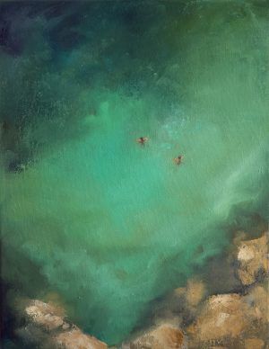 Original oil painting The Green Room by Annie Hawkins, an aerial view of turquoise green coastal water with tiny swimmers and rocky edges.