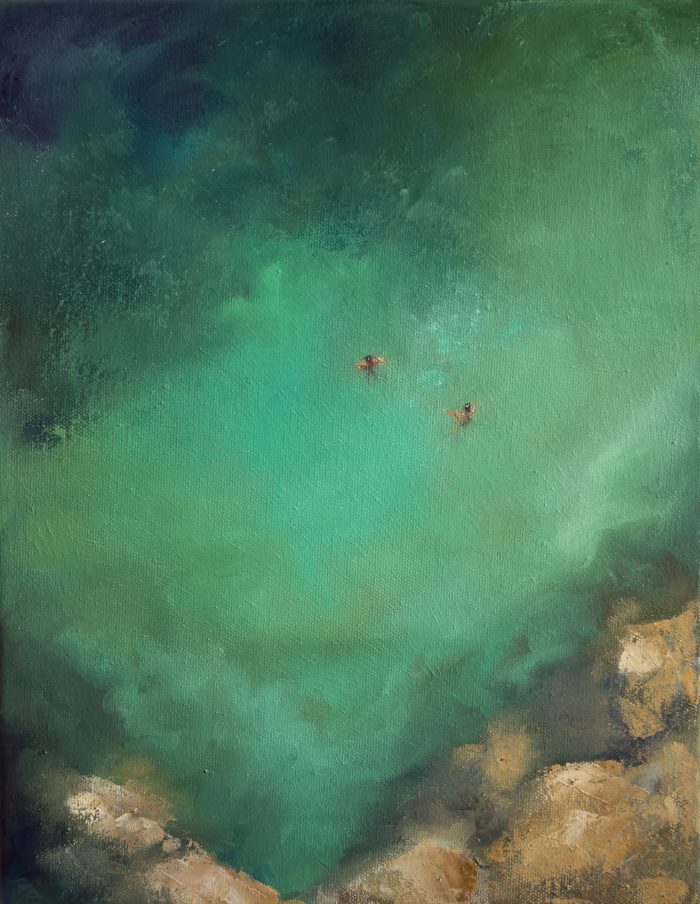 Original oil painting The Green Room by Annie Hawkins, an aerial view of turquoise green coastal water with tiny swimmers and rocky edges.