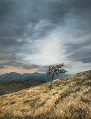 Archival landscape print featuring a windswept tree on golden hills beneath dramatic storm clouds in an atmospheric Australian landscape by Annie Hawkins.