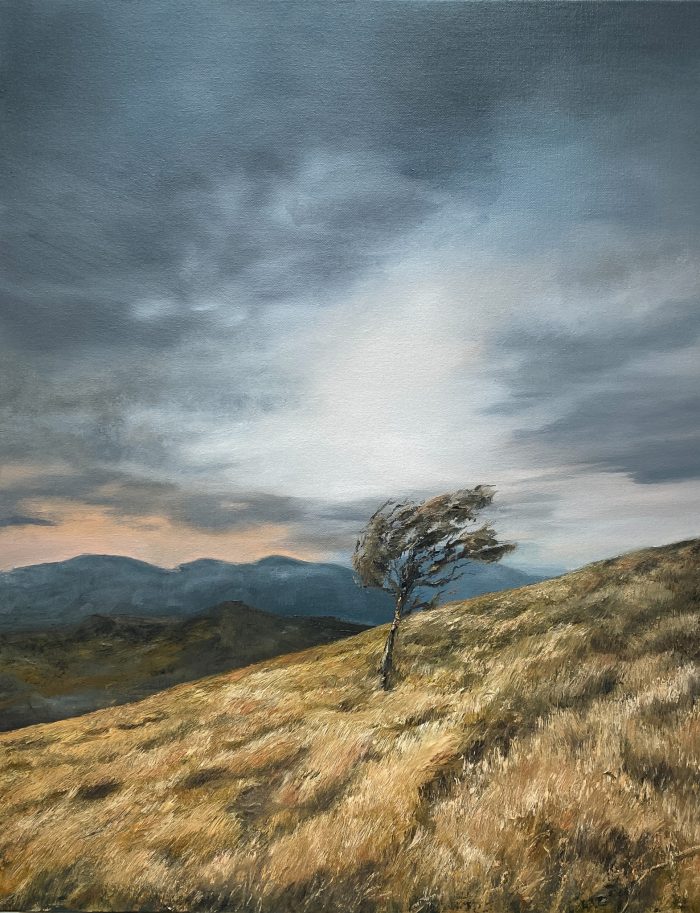 Archival landscape print featuring a windswept tree on golden hills beneath dramatic storm clouds in an atmospheric Australian landscape by Annie Hawkins.