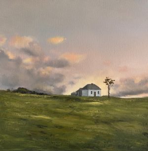 Over the Hill and Far Away archival landscape print featuring a solitary cottage on rolling green hills beneath a moody sky