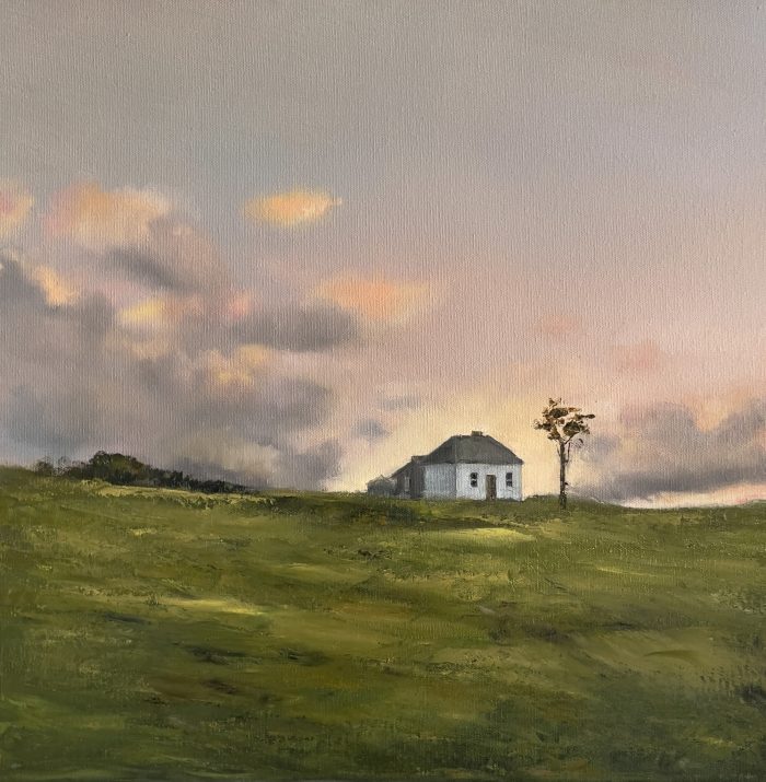 Over the Hill and Far Away archival landscape print featuring a solitary cottage on rolling green hills beneath a moody sky