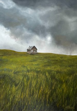 Archival print The House That Jack Built by Annie Hawkins featuring a lone abandoned cottage beneath dark storm clouds in a green field.