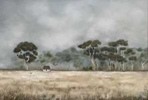 Archival print by Annie Hawkins of a misty Australian rural landscape with sheep, a kangaroo, gum trees and an old shed beneath grey skies.
