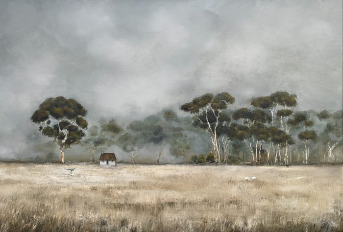 Archival print by Annie Hawkins of a misty Australian rural landscape with sheep, a kangaroo, gum trees and an old shed beneath grey skies.