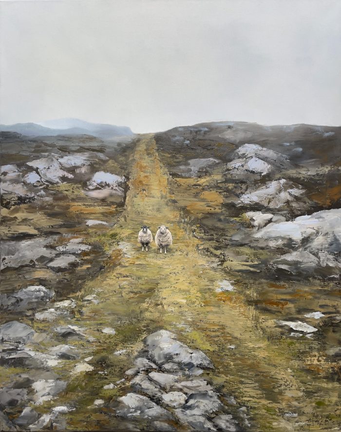 Archival landscape print featuring two sheep standing on a winding rocky country track in an atmospheric rural landscape by Annie Hawkins.