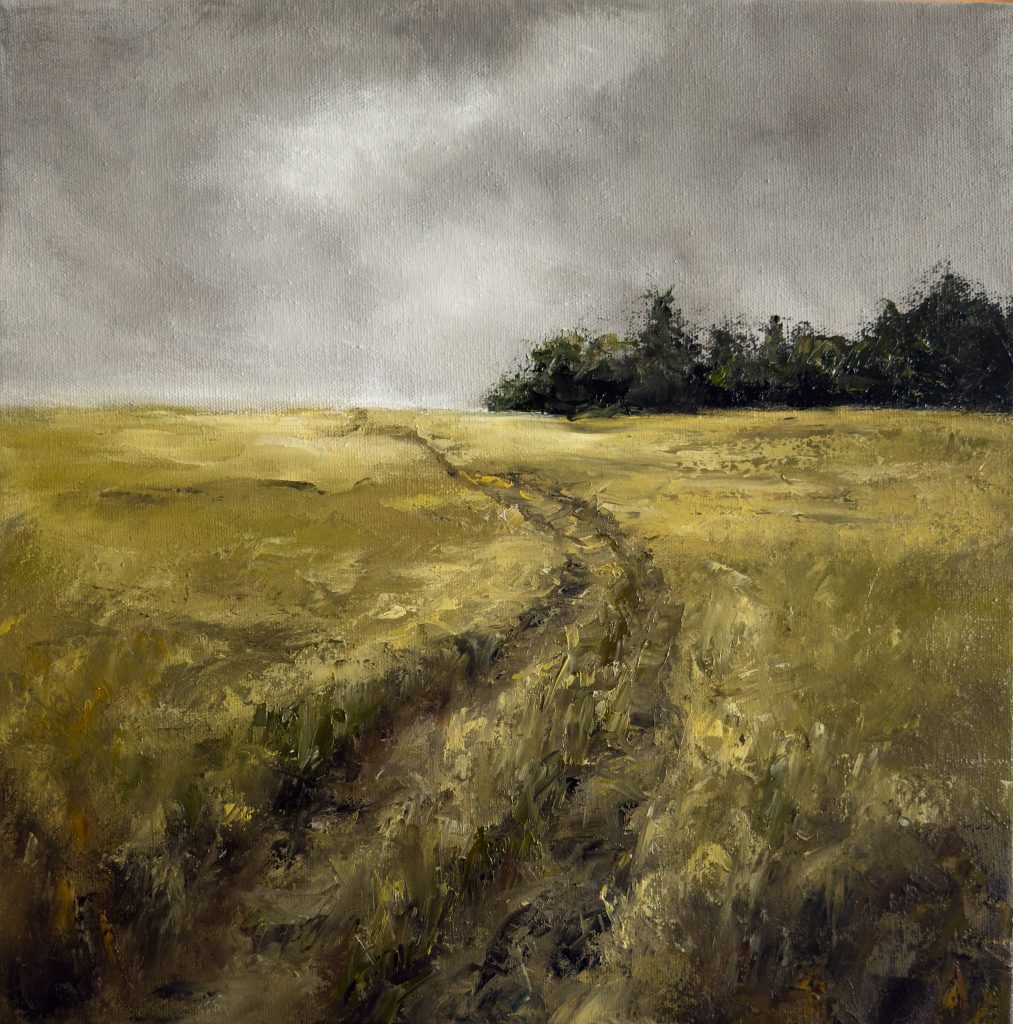 The Promise by Annie Hawkins – Australian landscape oil painting featuring a winding farm track through rolling paddocks beneath a dramatic sky.