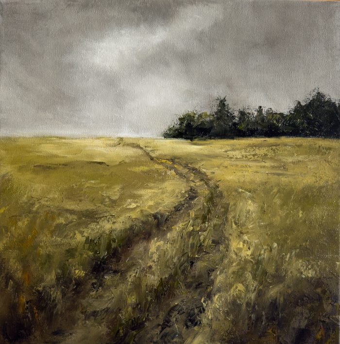 The Promise by Annie Hawkins – Australian landscape oil painting featuring a winding farm track through rolling paddocks beneath a dramatic sky.