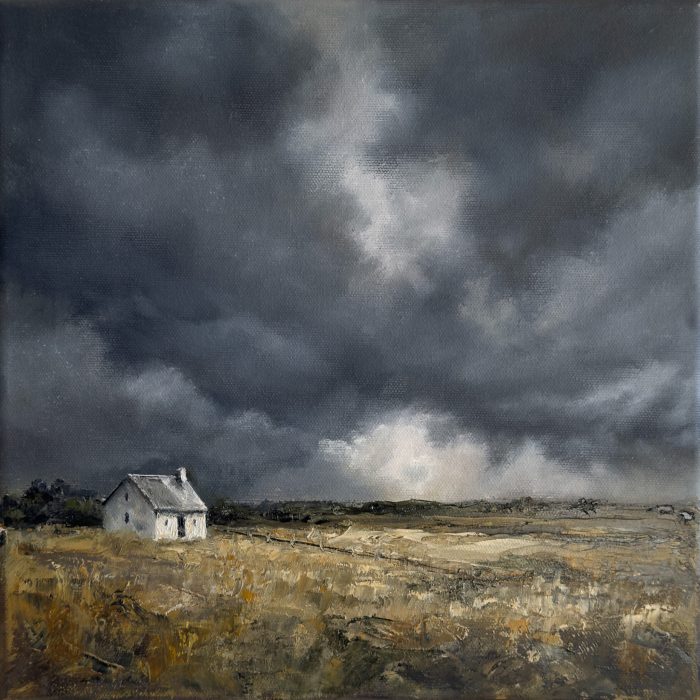 Small Mercies by Annie Hawkins, original Australian landscape oil painting featuring a weathered white cottage beneath a vast and turbulent sky.