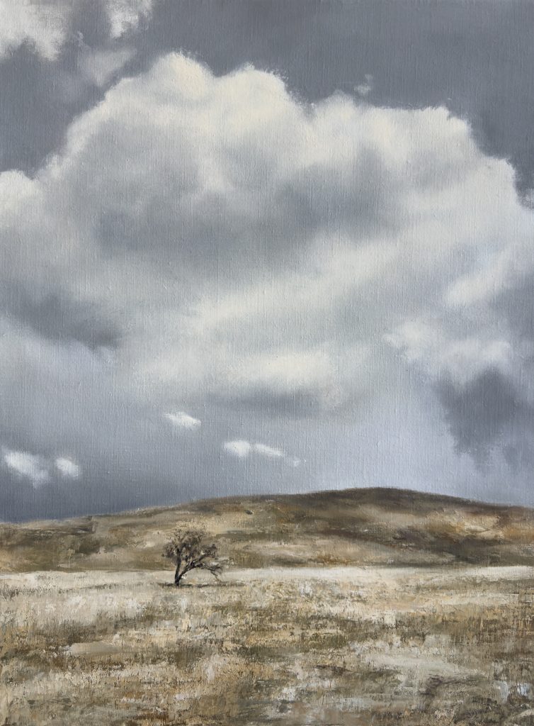 Meet Me Halfway original Australian landscape oil painting by Annie Hawkins featuring a dramatic cloud-filled sky over open rural country.