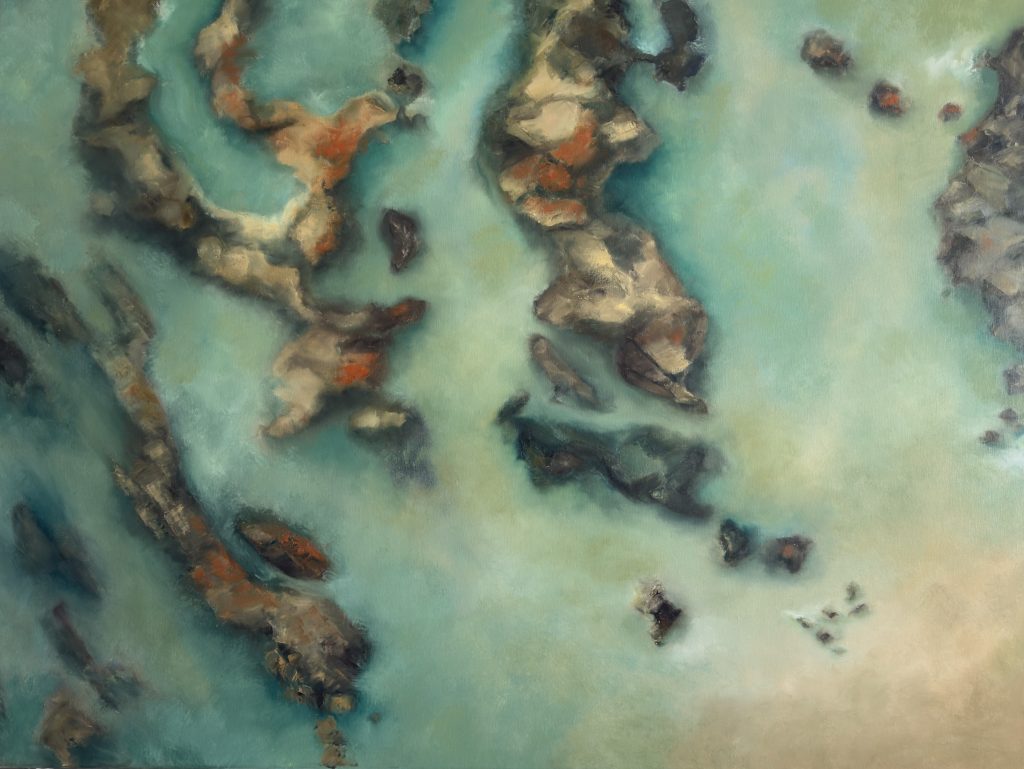 In the Shallows by Annie Hawkins, original oil painting of luminous blue-green coastal waters flowing around rocky shoreline.