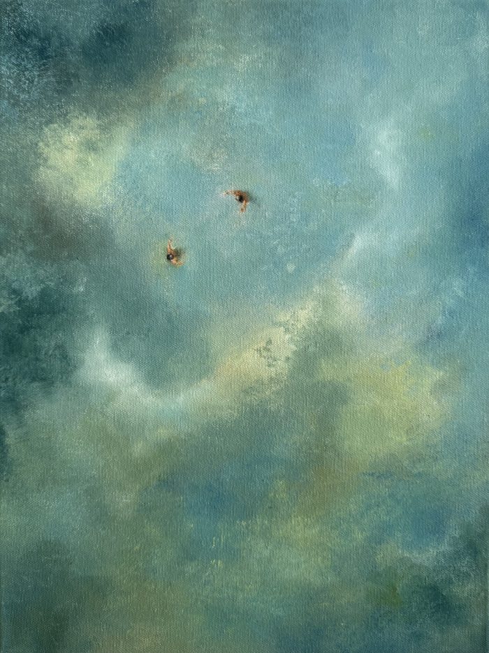 Wash Day – Original oil painting by Australian artist Annie Hawkins, depicting two tiny swimmers immersed in swirling turquoise and sea-green ocean waters, viewed from above. Soft light and shifting currents create a peaceful, atmospheric seascape.